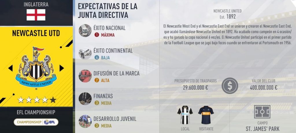 Presupuesto Newcastle UFC modo Carrera FIFA 17