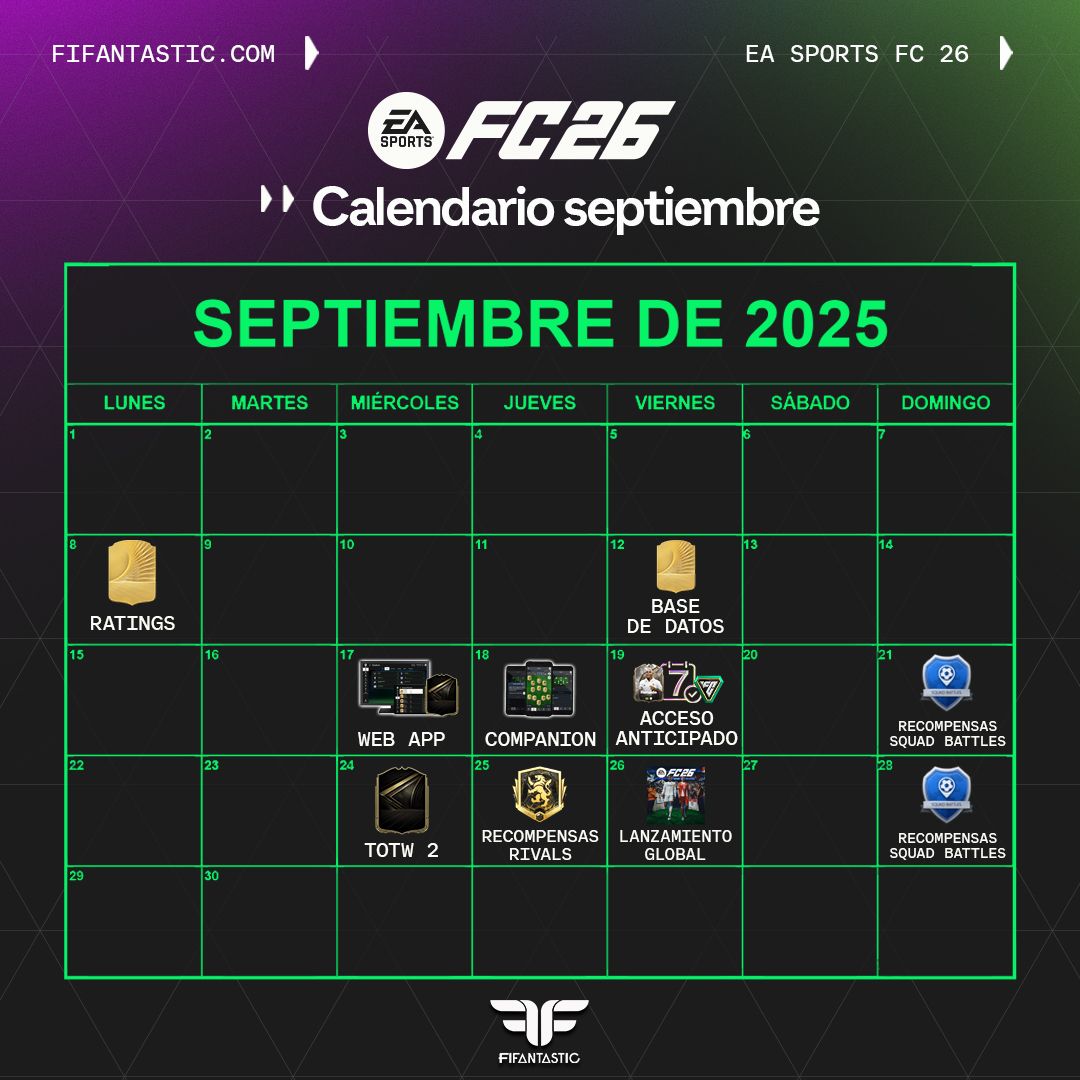 calendario FC 26 septiembre, calendario FC 26 fechas clave, calendario FC 26 Ultimate Team, fechas importantes FC 26 septiembre, lanzamiento FC 26 septiembre, acceso anticipado FC 26 Ultimate Edition, recompensas Rivals FC 26 septiembre, recompensas Squad Battles FC 26 septiembre, TOTW 1 FC 26, TOTW 2 FC 26, base de datos jugadores FC 26, Web App FC 26 apertura, Companion FC 26 lanzamiento, Standard Edition FC 26 fecha salida